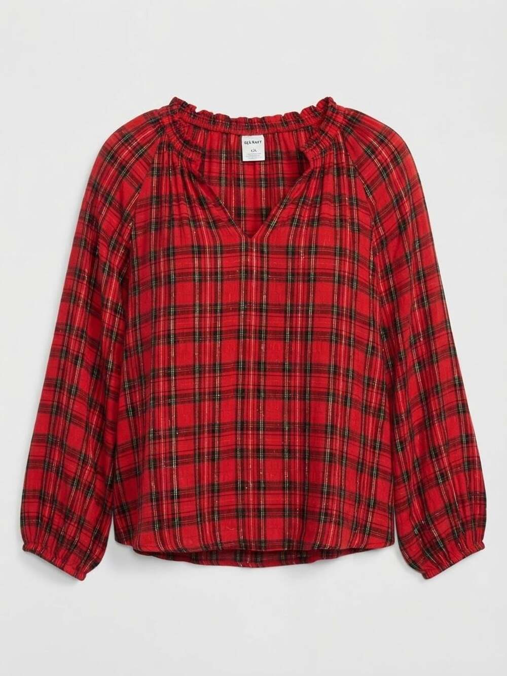 Old Navy Red Plaid Blouse Size XL V-Neck Long Sleeve